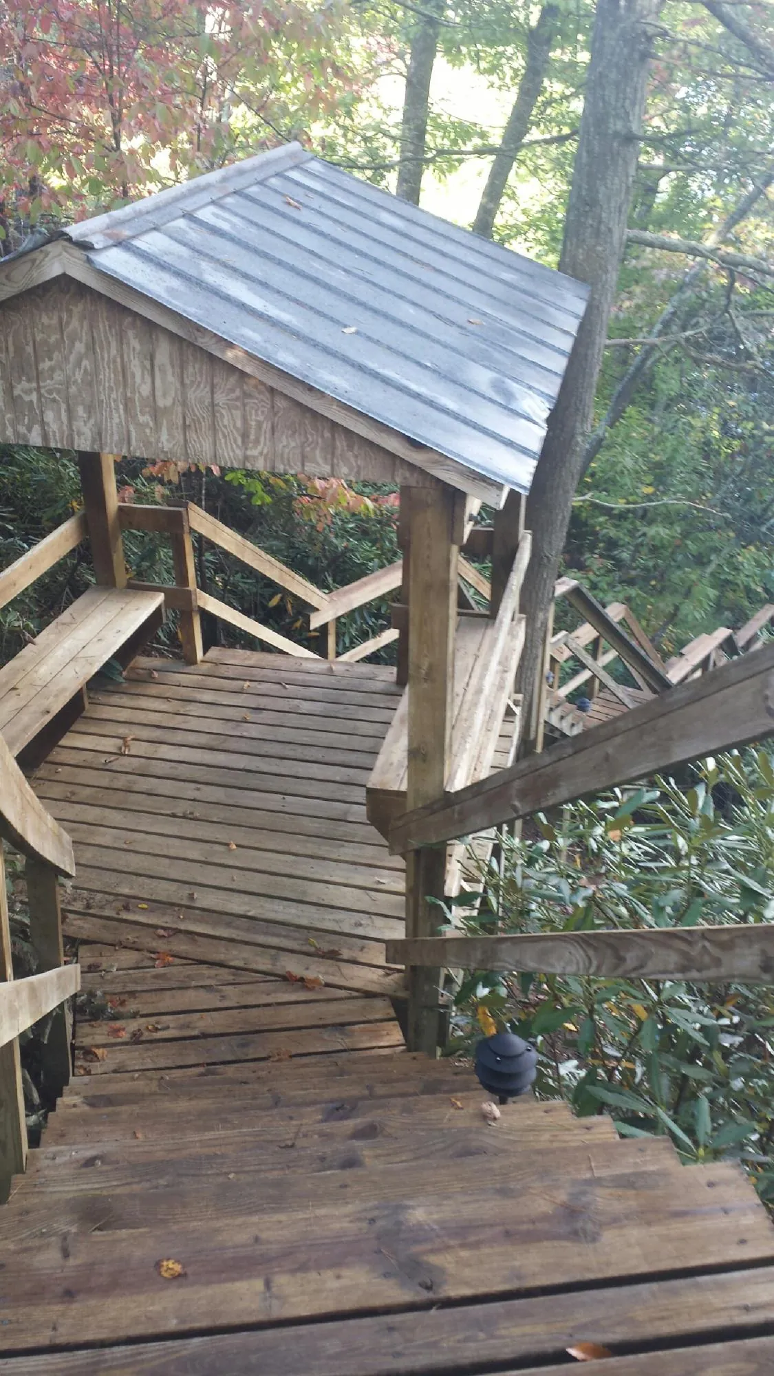 Metal roofed shelter over wooden steps on a wooded walkway — Skylight Repair & Installation work by our crew in Helix